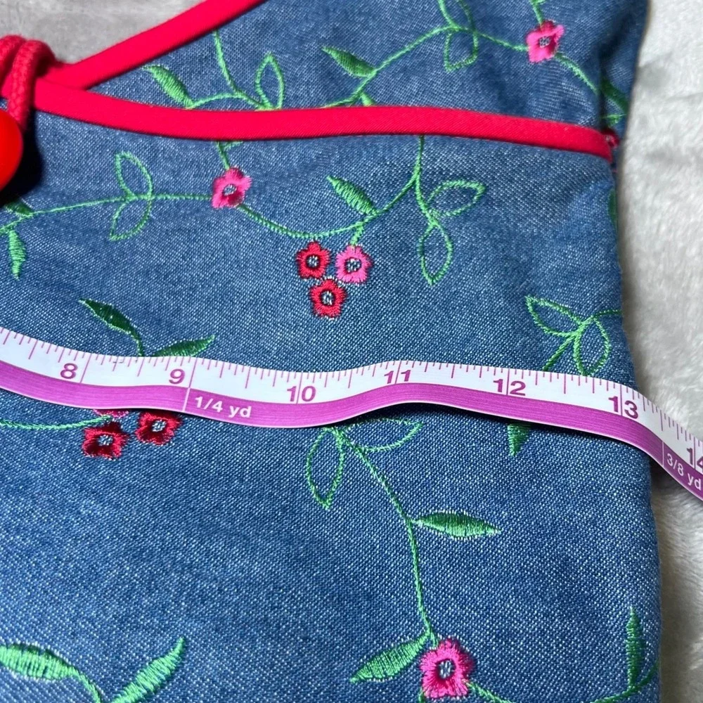 Embroidered Denim Shoulder Bag Floral Print Blue Red Button Hobo Bag Y2K Casual